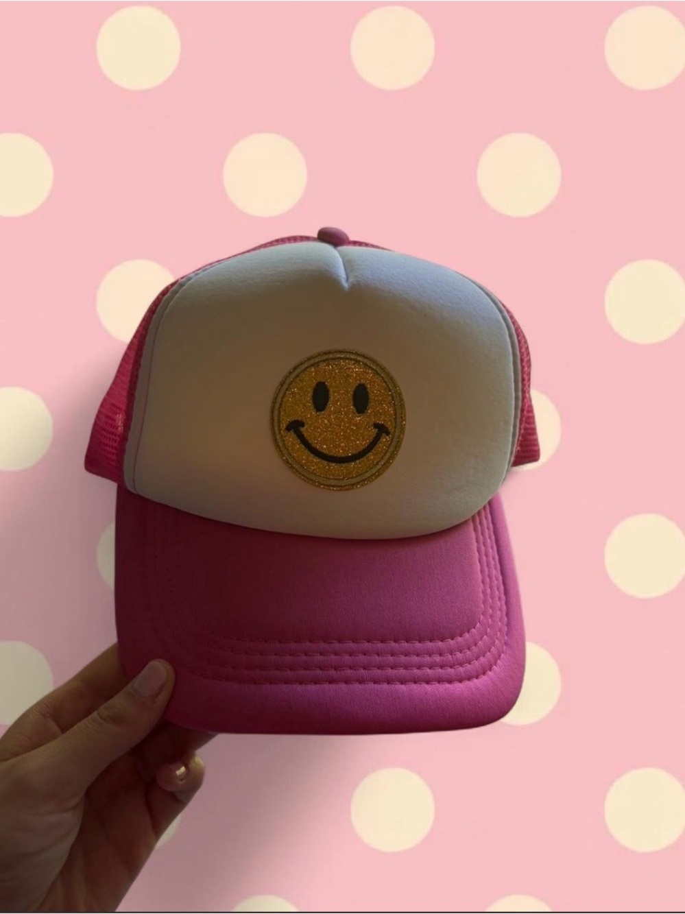 Pink & White Trucker Hat with Gold Glitter Smiley